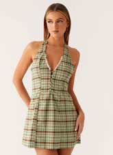 Dunia Halter Mini Dress - Forest Plaid