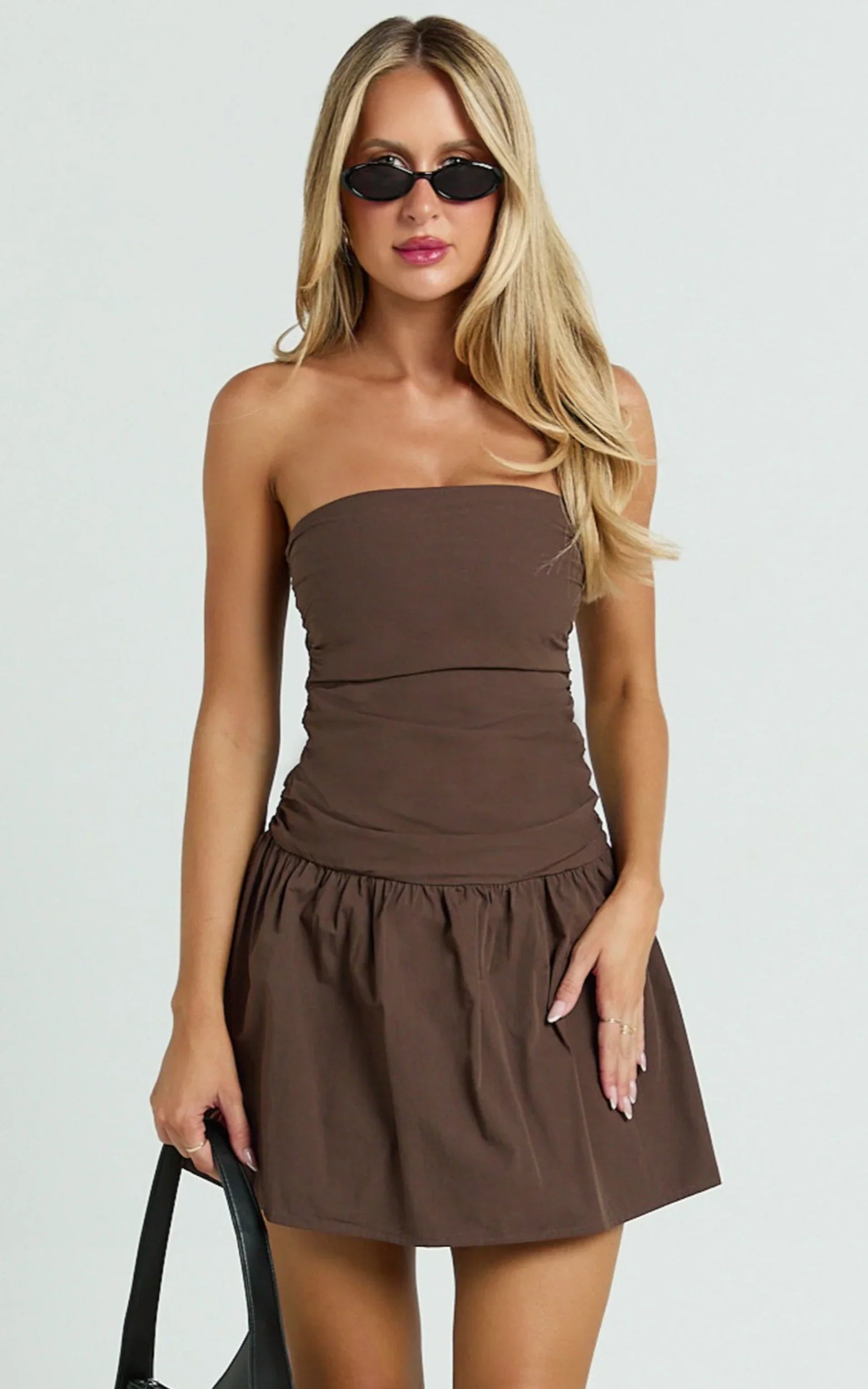 Donatella Mini Dress - Strapless Drop Waist Dress in Chocolate
